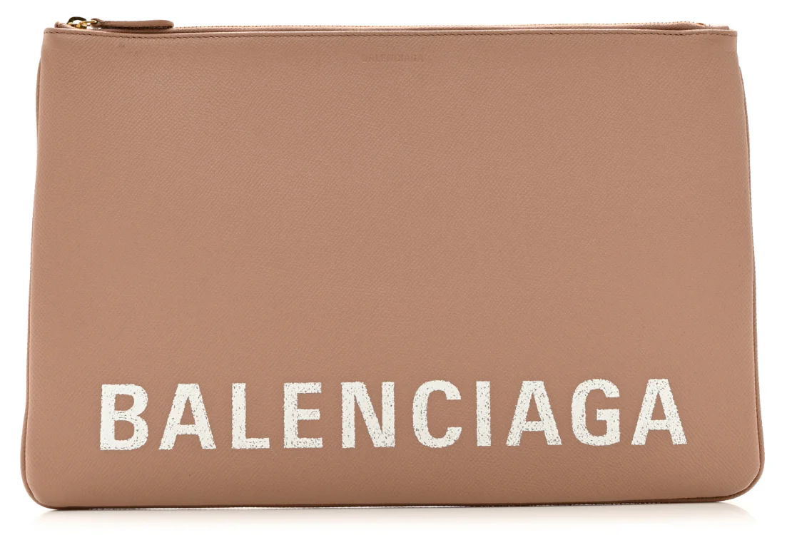 Balenciaga Calfskin Logo Large Ville Zip Pouch Beige