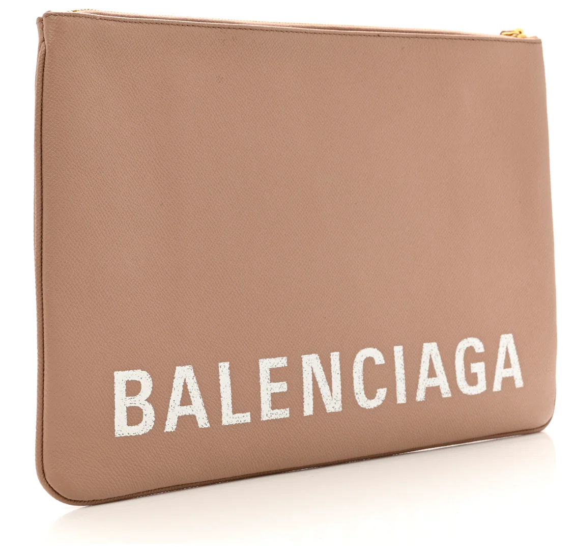Balenciaga Calfskin Logo Large Ville Zip Pouch Beige - Image 2