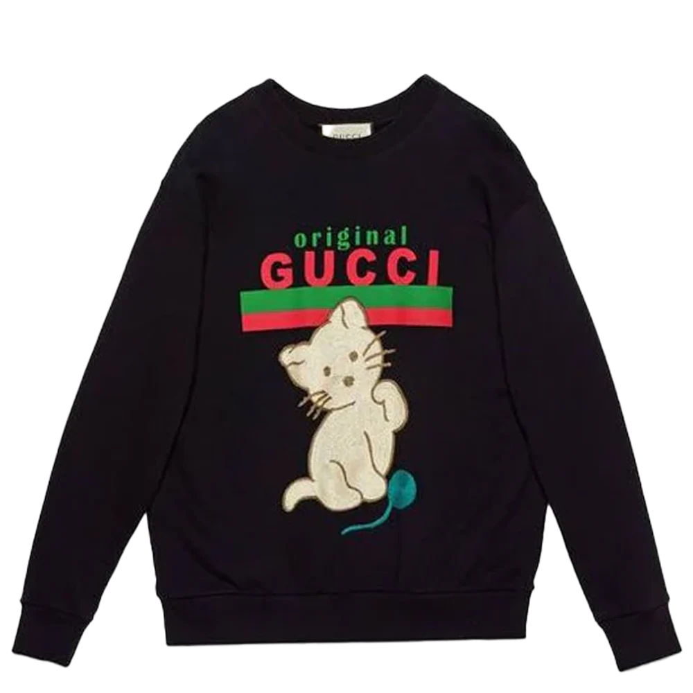 Gucci Cat Logo Printing Pullover Black Crewneck