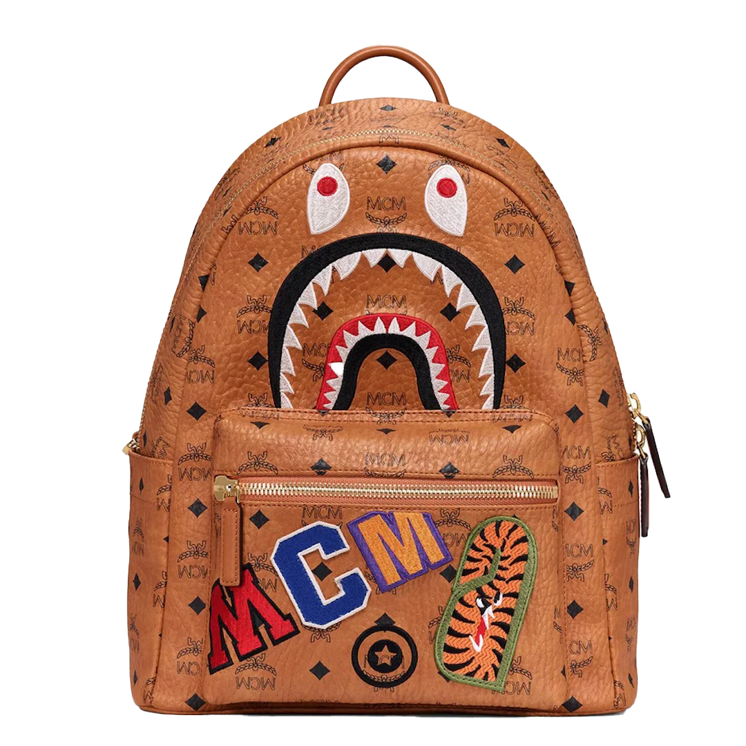 MCM x BAPE Shark Stark Backpack Visetos Cognac