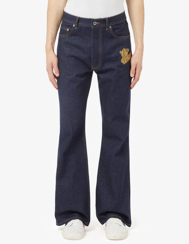 Off-White 90s Logo Crop Flared Pants Denim Blue Gold - Image 2