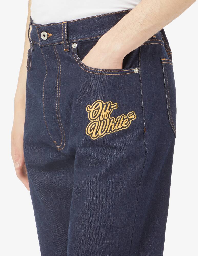 Off-White 90s Logo Crop Flared Pants Denim Blue Gold - Image 5