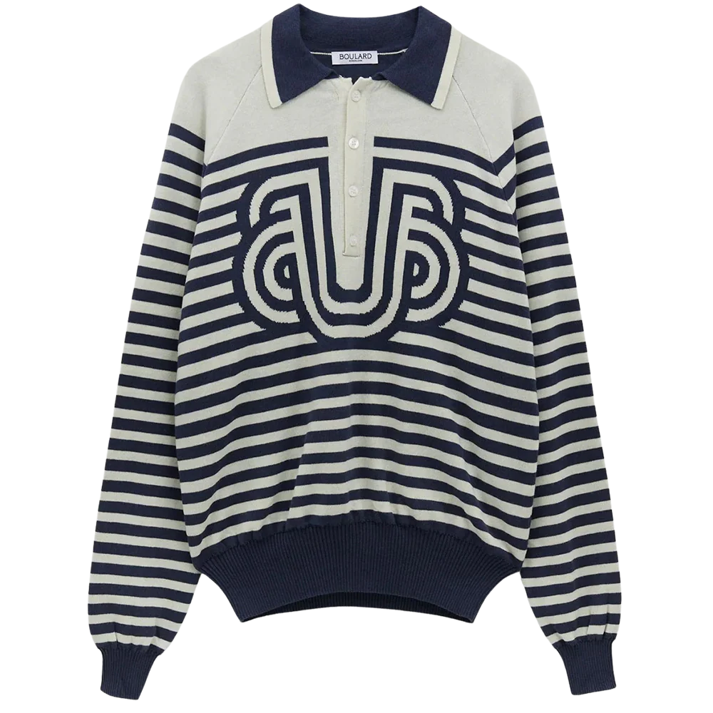 Ugo Boulard Raglan Sleeve Polo Shirt With Tubular Jacquard Navy UB FLAG